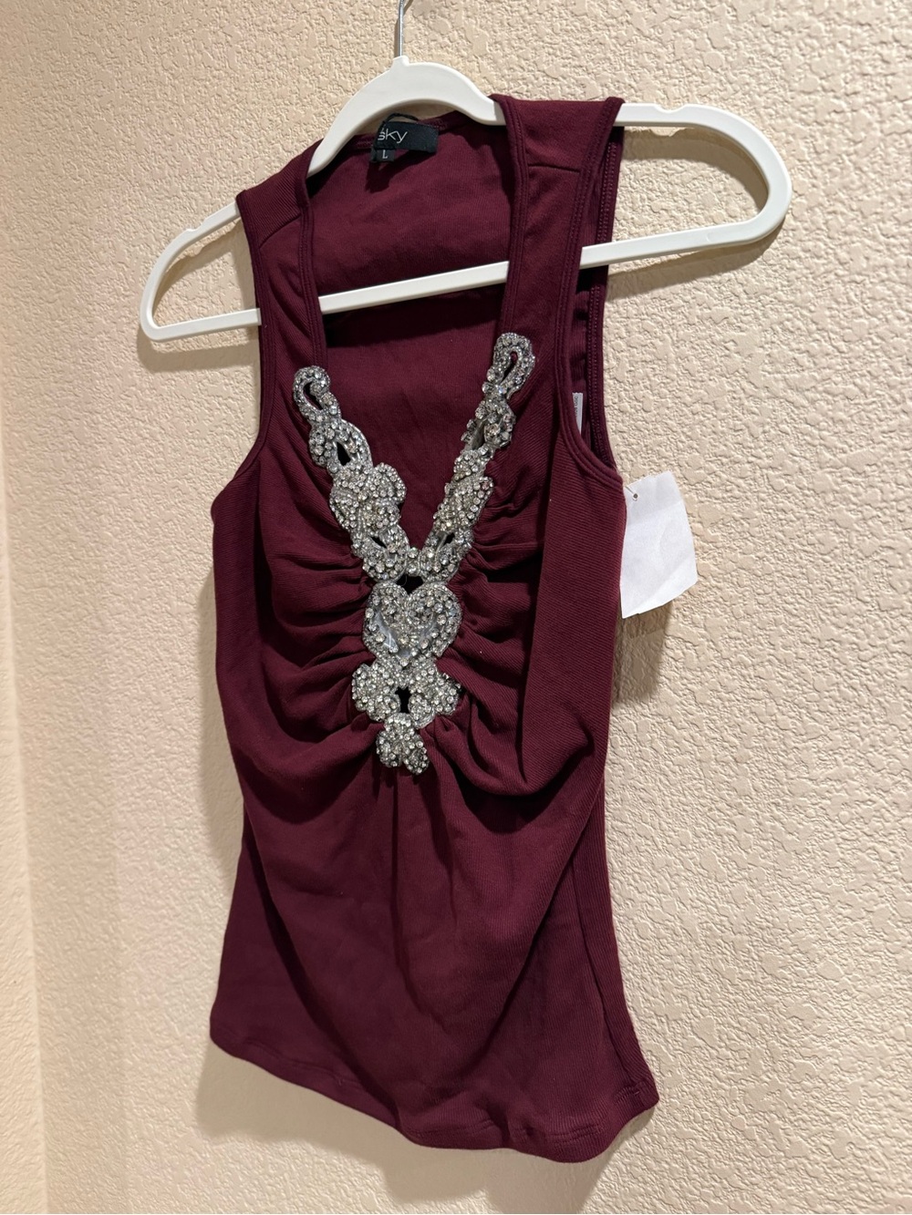 Vintage Y2K Sky Nordstrom Rhinestone Embellished Ruched Top Maroon L NWT